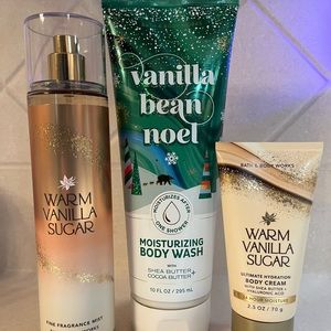 vanilla bean Noel body wash, vanilla sugar fragrance mist and travel body cream